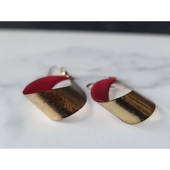 Dangling Pink Enamel Gold Tone Metal Pierced Earrings Vintage Costume Jewelry - Picture 6 of 10